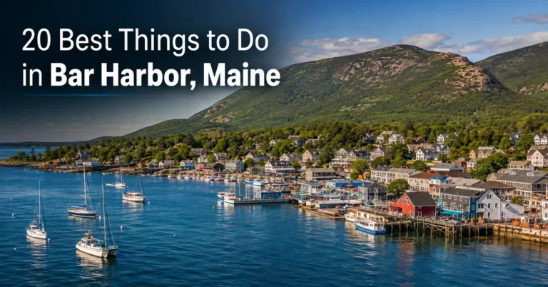 Things to Do in Bar Harbor: Scenic waterfront, Acadia National Park views, boats, shops, and coastal Maine charm.