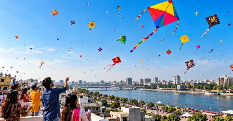 International Kite Festival in Ahmedabad with colorful kites flying over the Sabarmati Riverfront.