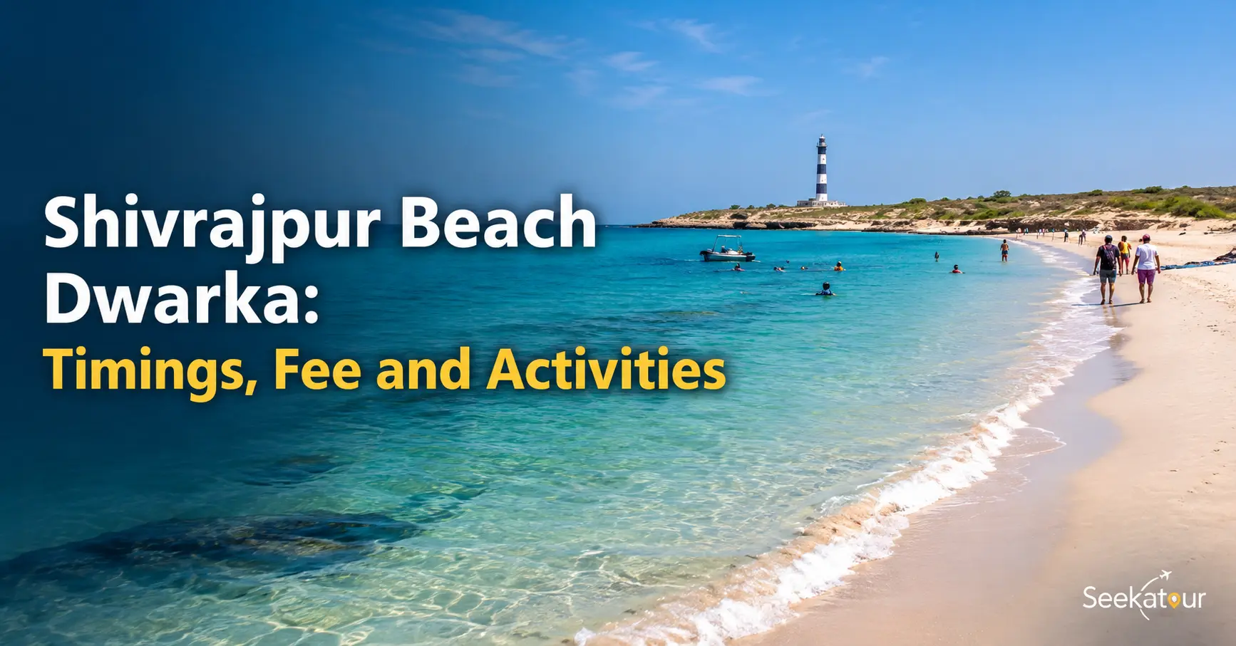 Shivrajpur Beach Dwarka with white sand, clear blue water, tourists and water activities