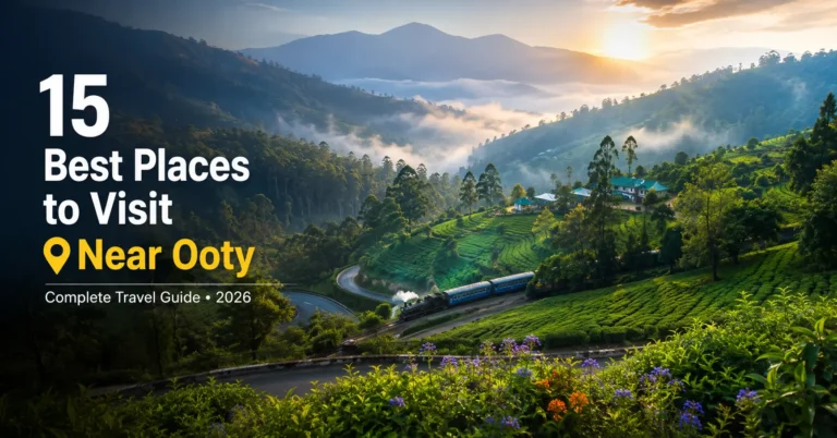 Places to Visit Near Ooty featuring lush tea gardens, misty Nilgiri hills, waterfalls, scenic viewpoints, and nature escapes.