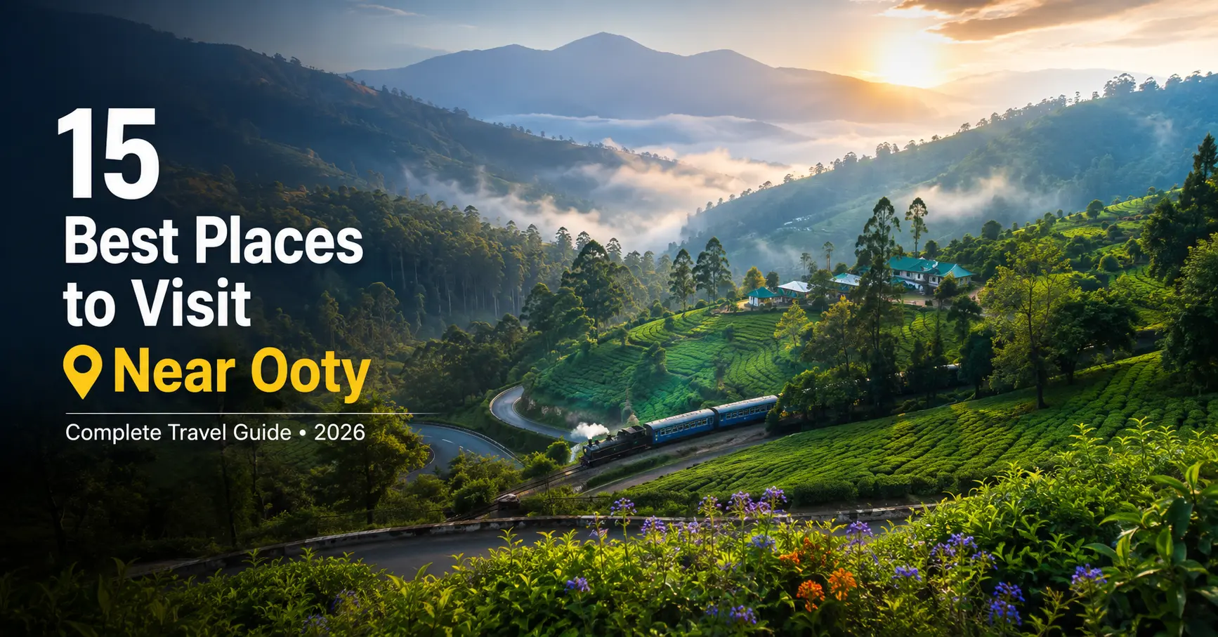 Places to Visit Near Ooty featuring lush tea gardens, misty Nilgiri hills, waterfalls, scenic viewpoints, and nature escapes.