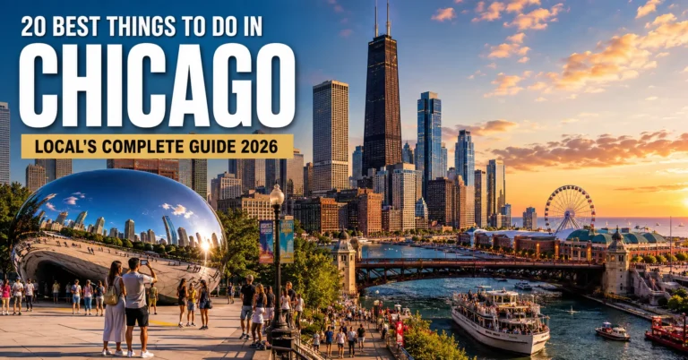 Panoramic view of Chicago featuring Cloud Gate, Willis Tower, Chicago River, Navy Pier, and Lake Michigan with visitors enjoying top attractions in Chicago during a vibrant 2026 city tour.