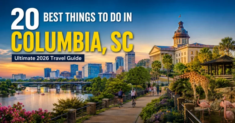 Things to Do in Columbia, South Carolina, featuring Congaree National Park, Riverbanks Zoo, the South Carolina State House, scenic riverwalks, museums, and top attractions to visit in 2026.