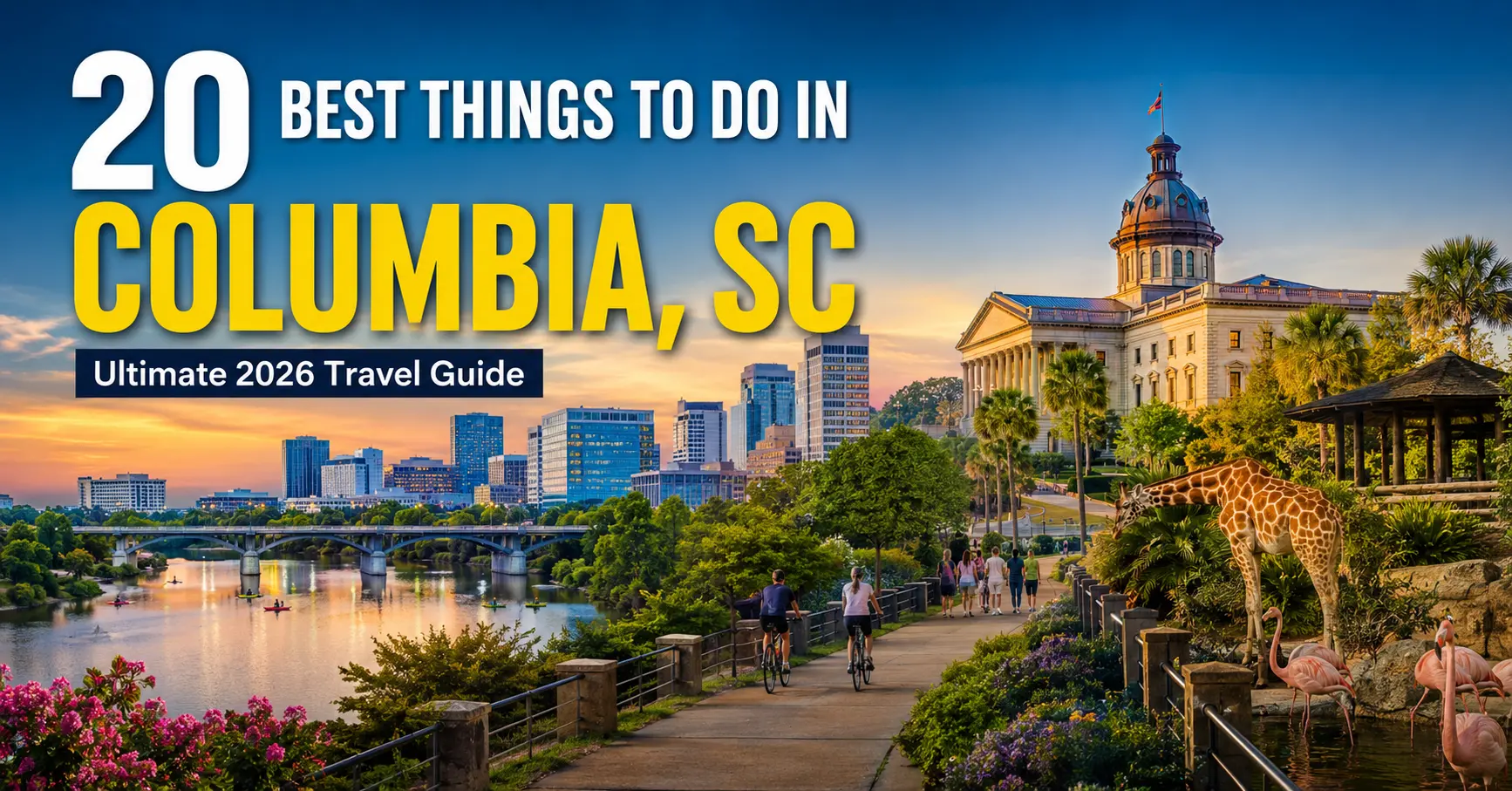 Things to Do in Columbia, South Carolina, featuring Congaree National Park, Riverbanks Zoo, the South Carolina State House, scenic riverwalks, museums, and top attractions to visit in 2026.