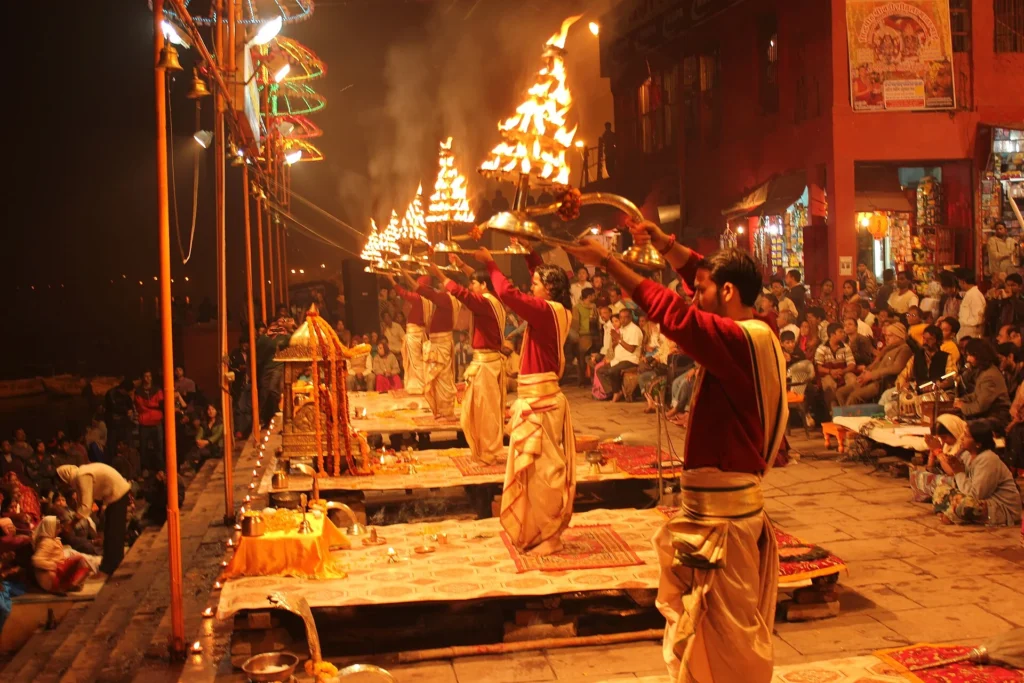 Evening Ganga Aarti ritual on the banks of the Ganga in Rishikesh