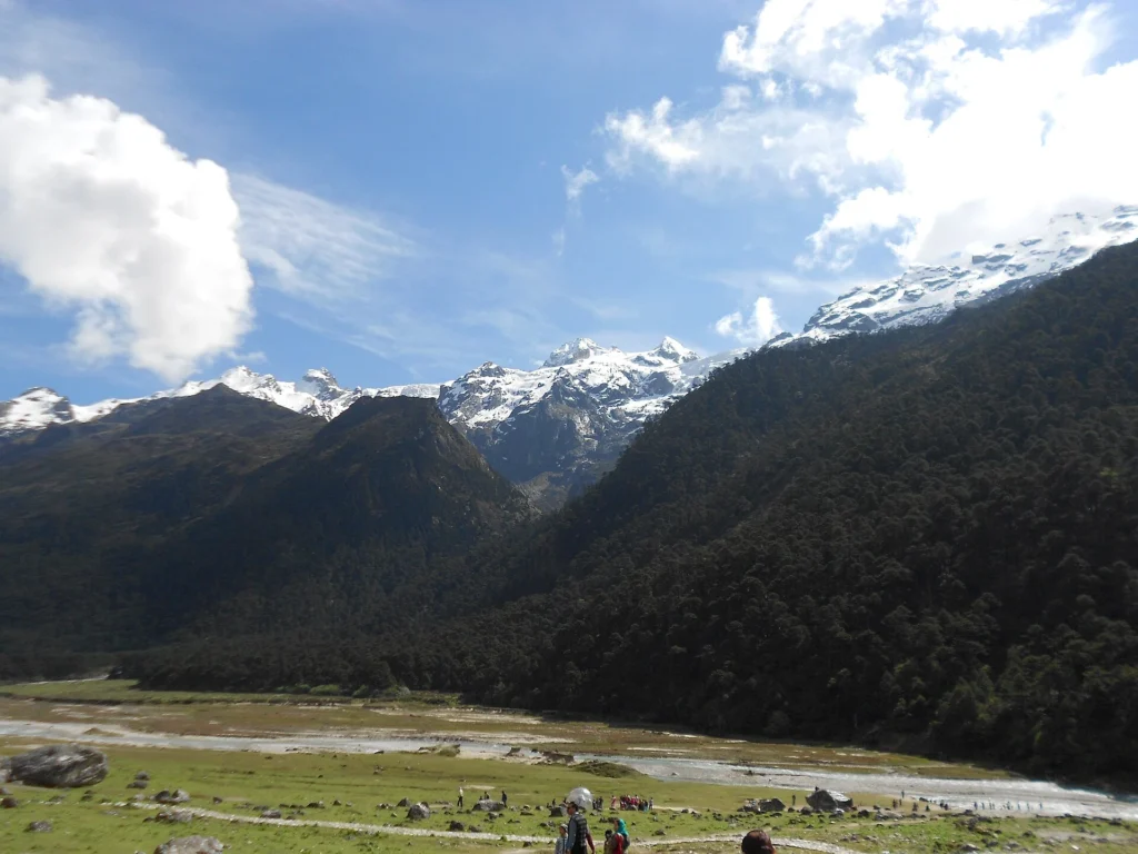 Scenic view of Yumthang Valley surrounded by snow-capped Himalayan mountains, colorful alpine flowers, and lush meadows, one of the most beautiful Places to Visit in Sikkim in 2026.
