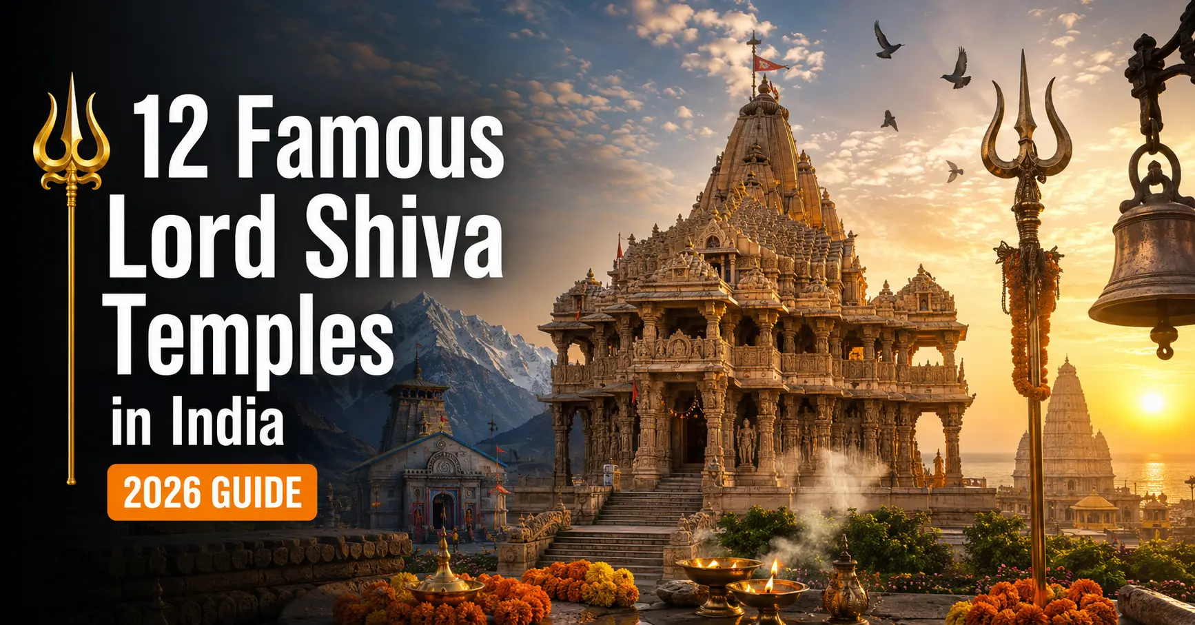 Famous Lord Shiva Temples in India featuring Somnath, Kedarnath, Kashi Vishwanath, and other sacred Jyotirlingas