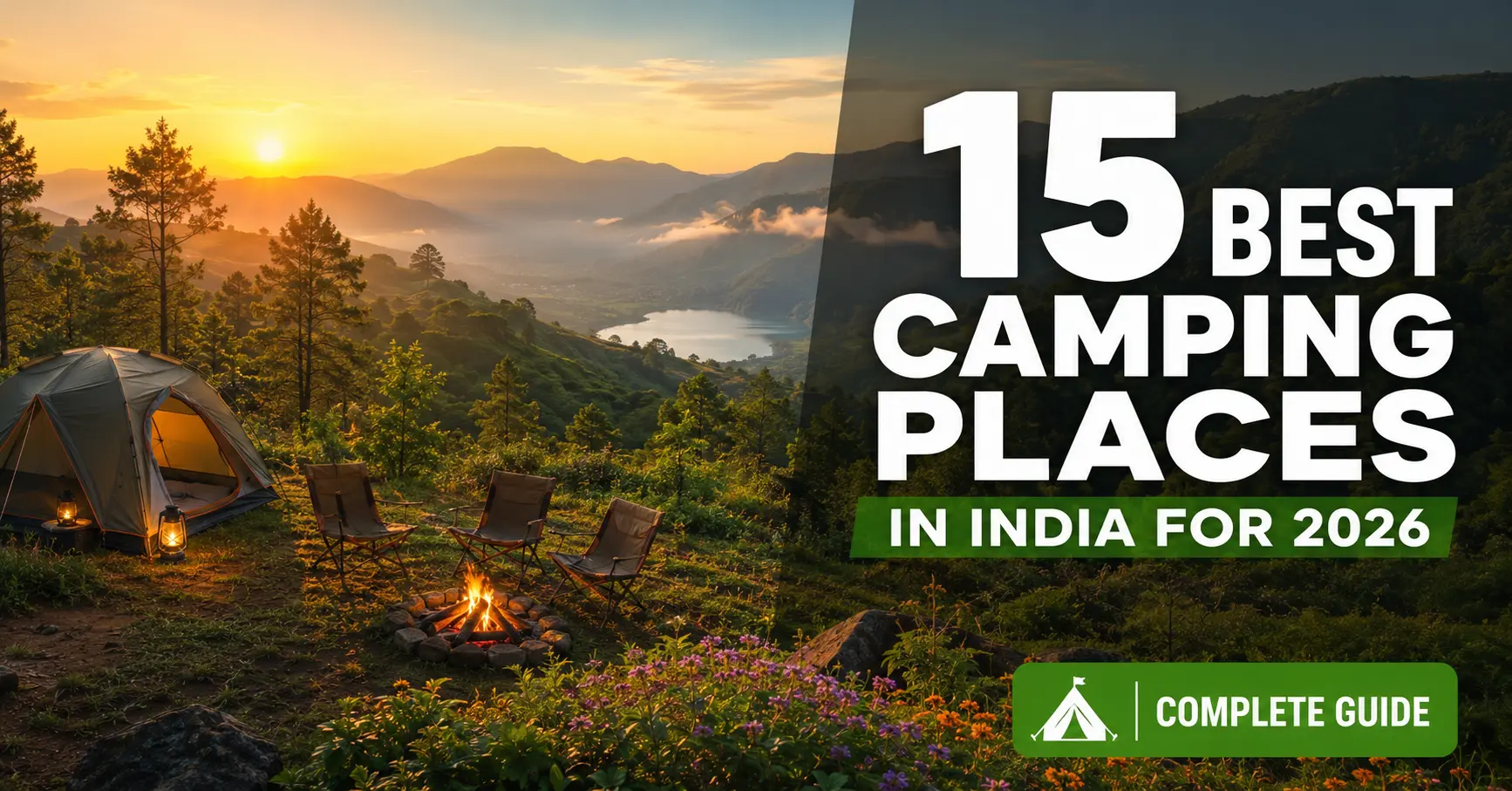Camping Places in India for 2026 featuring scenic mountains, lakes, forests, tents, and nature camping destinations.