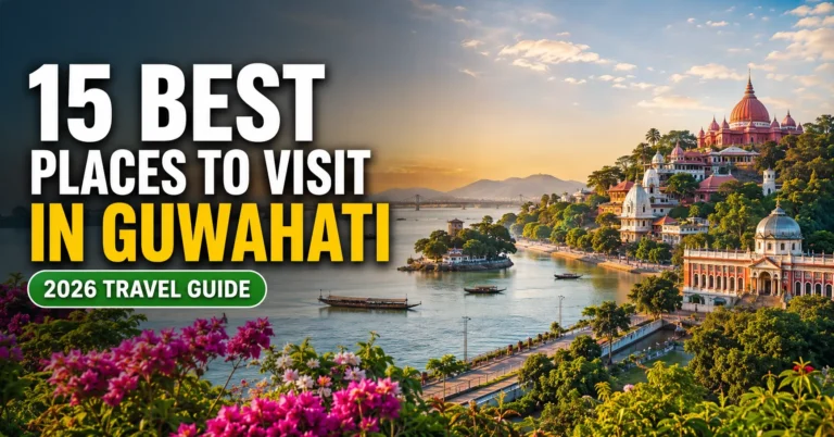 Places to Visit in Guwahati featuring Kamakhya Temple, Brahmaputra River, Umananda Island, and scenic city views.