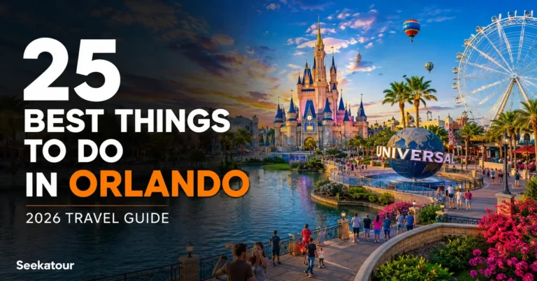 Things to Do in Orlando in 2026 featuring Walt Disney World, Universal Orlando, ICON Park, and Lake Eola Park.