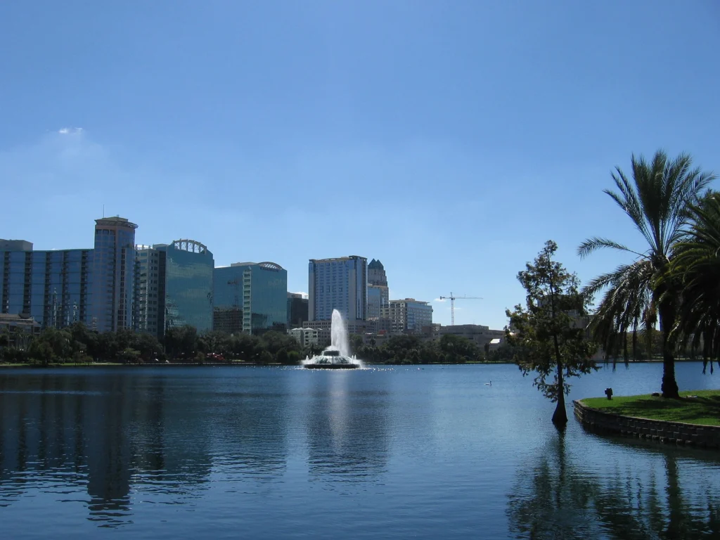 Lake Eola Park in Orlando with swan boats, skyline views, and walking trails, one of the top Things to Do in Orlando
