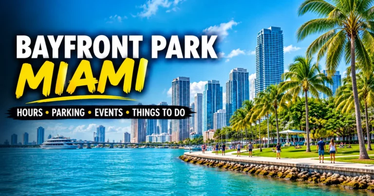 Bayfront Park Miami waterfront with palm trees, Biscayne Bay, and downtown skyline.