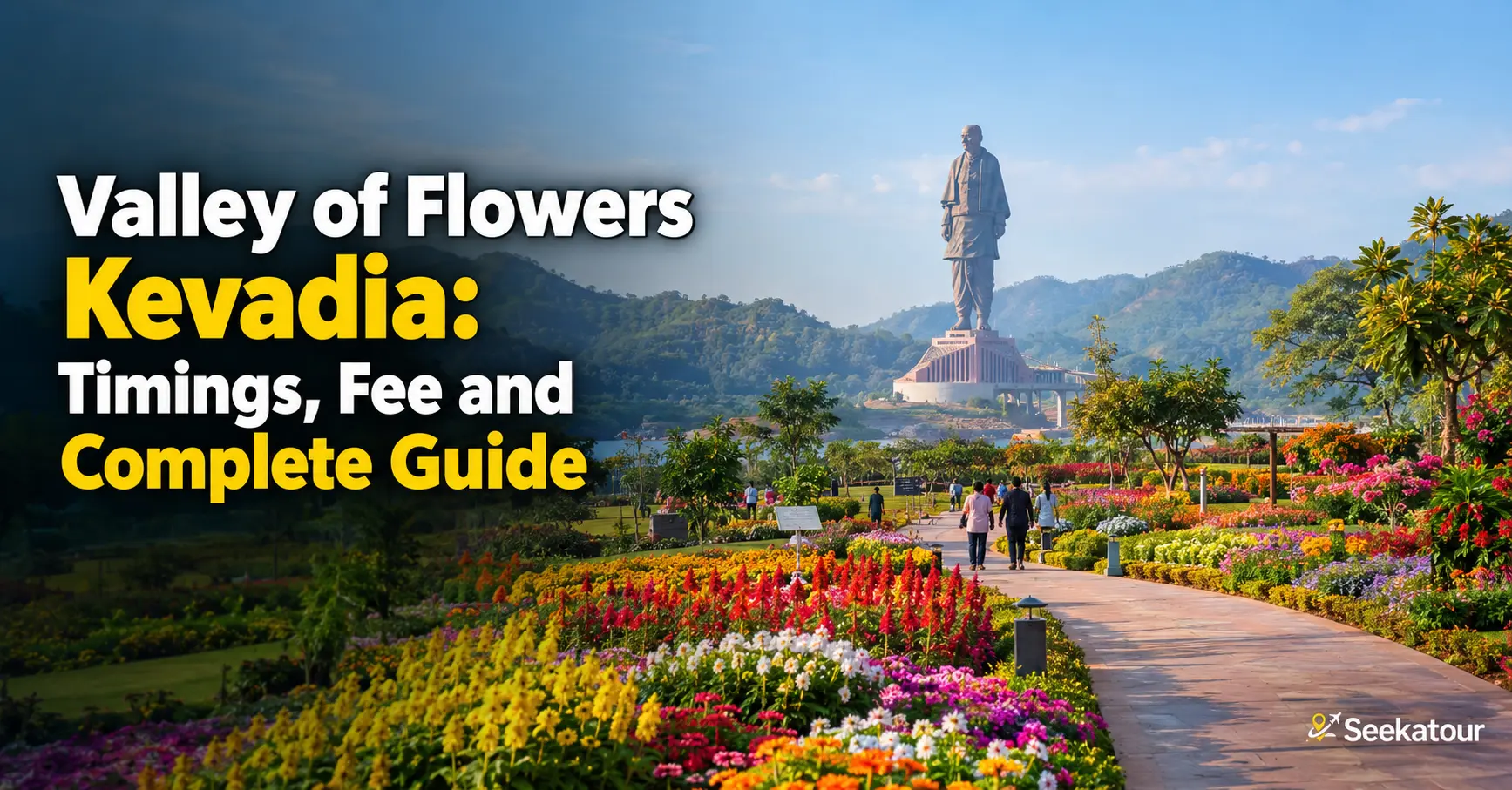 Valley of Flowers Kevadia with vibrant seasonal flowers, landscaped gardens and Statue of Unity in the background