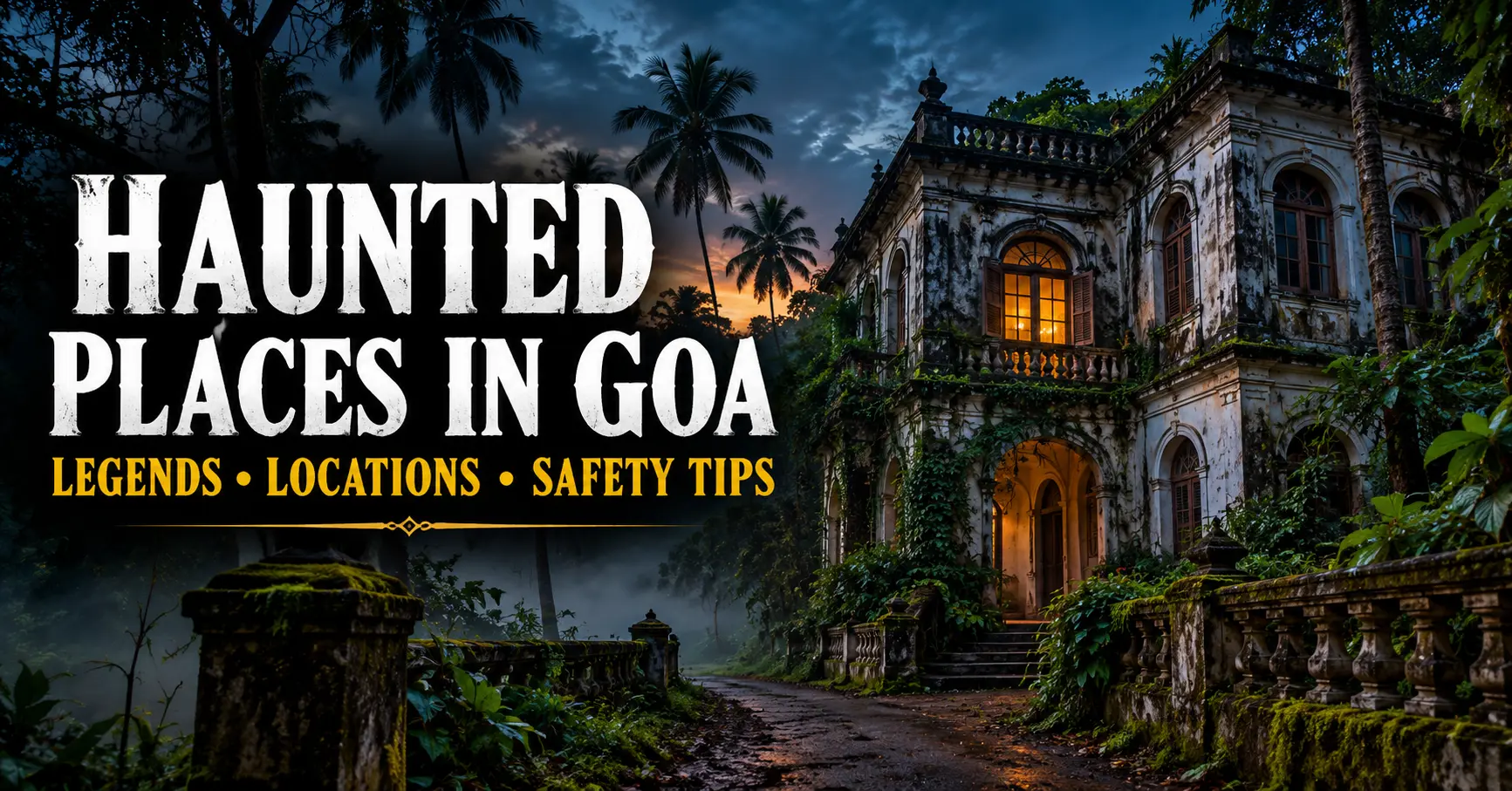 Haunted Portuguese-era mansion in Goa surrounded by trees and mysterious twilight mist.