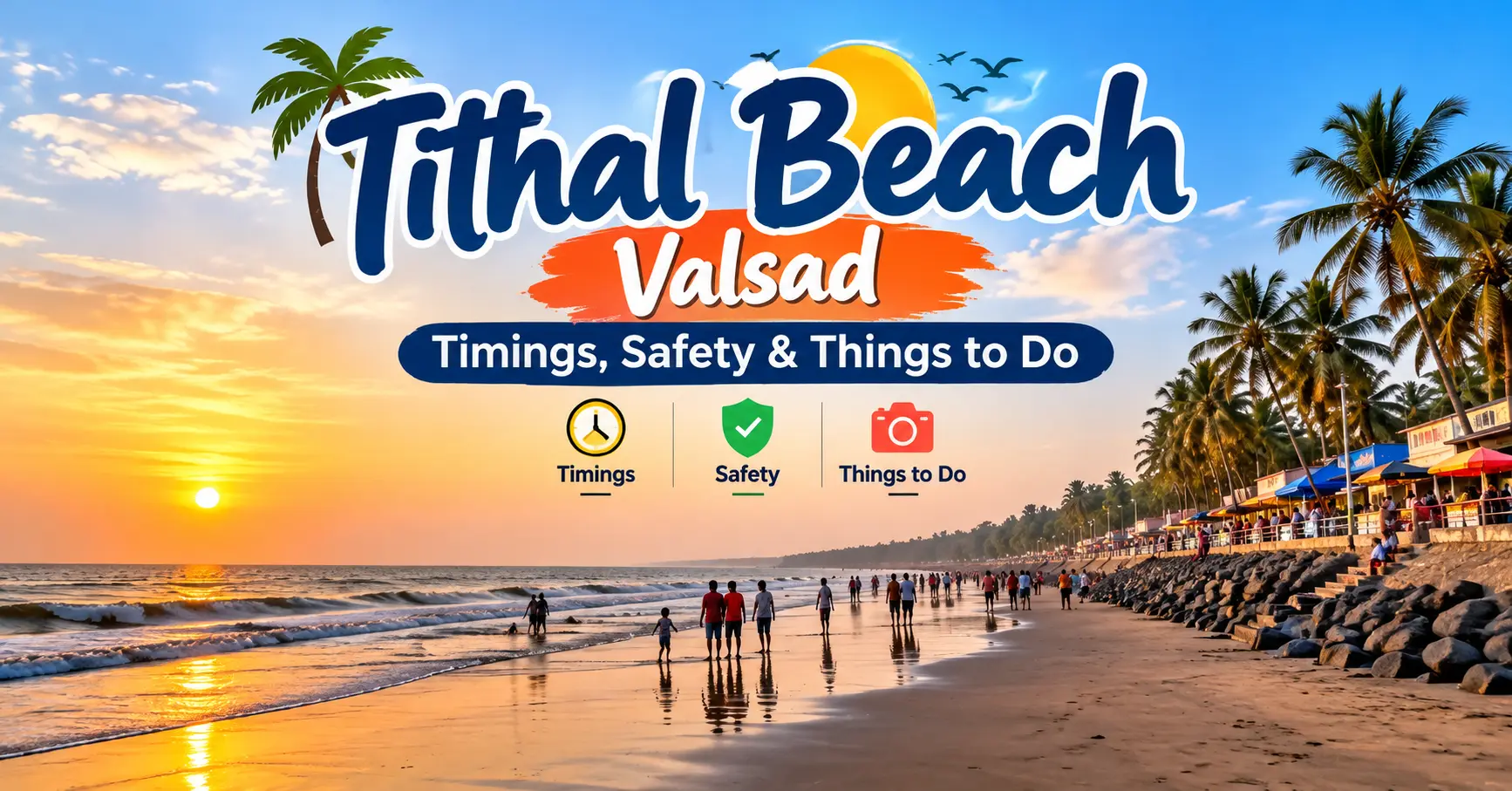 Tithal Beach Valsad, Gujarat, with sunset, ocean waves and beach promenade